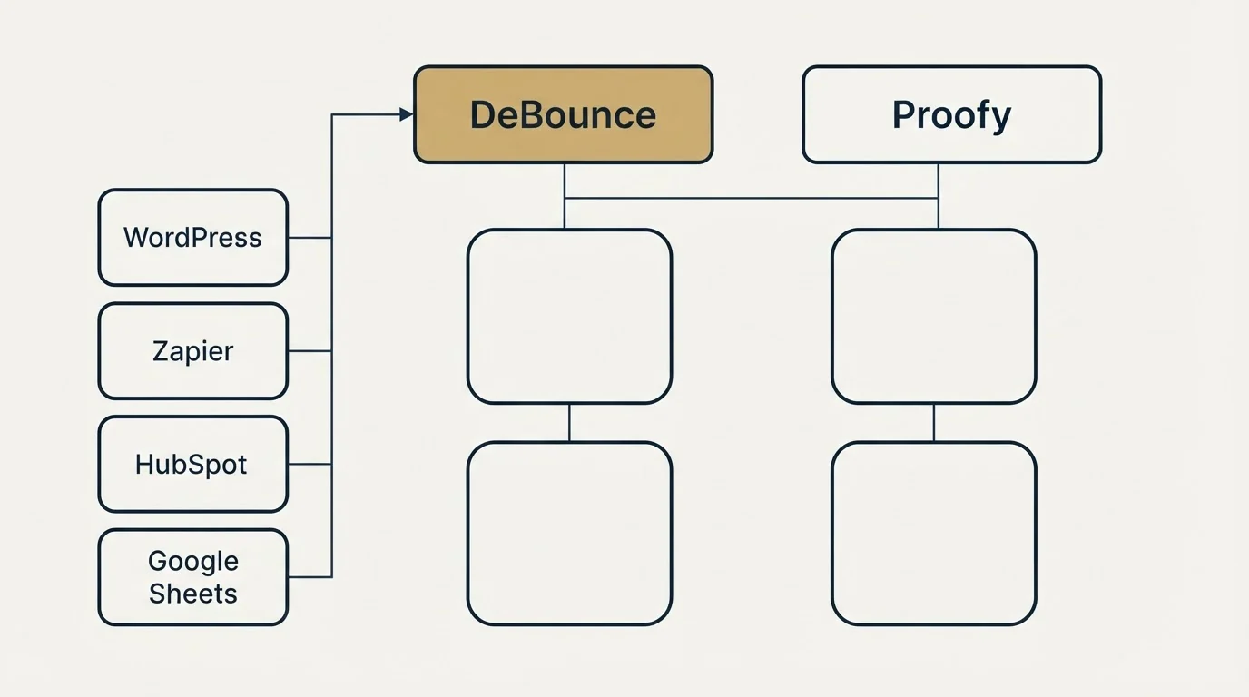 Integration grid: Integration Ecosystem (DeBounce, Proofy, WordPress, Zapier)
