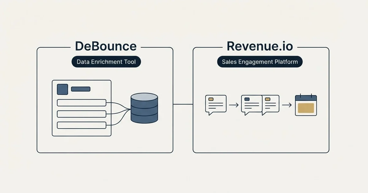 Side-by-side panels: DeBounce vs Revenue.io (Data Enrichment Tool, Sales Engagement Platform)