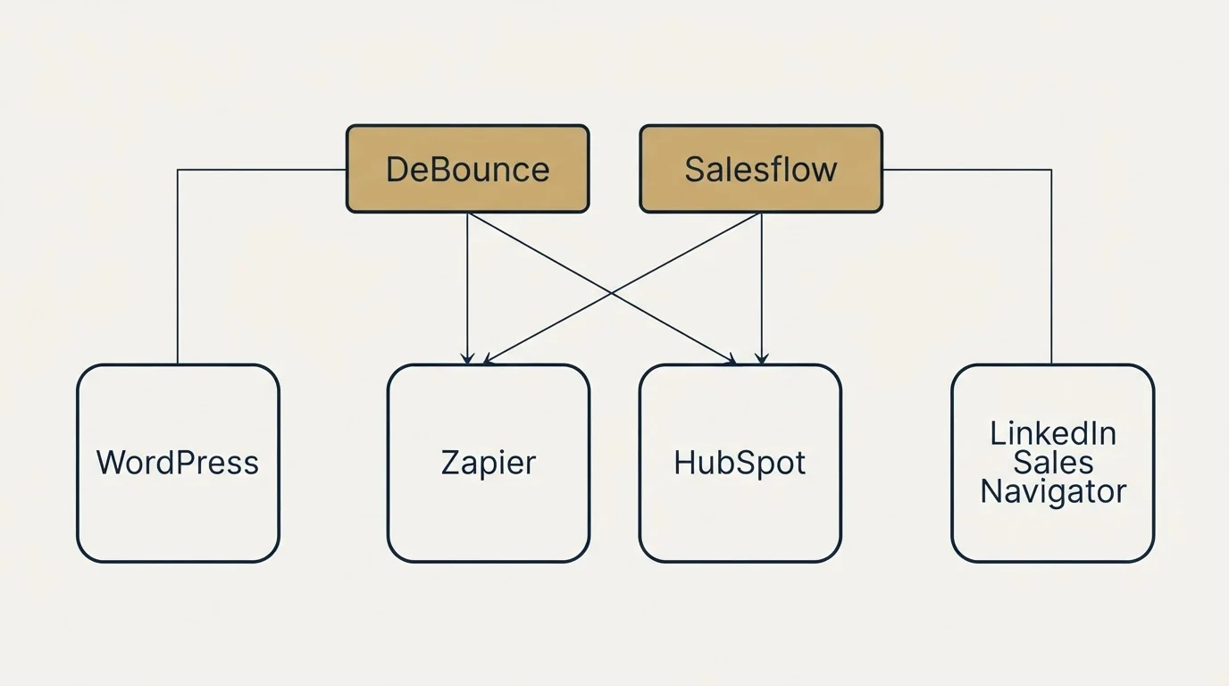 Integration grid: Integration Ecosystem (DeBounce, Salesflow, Zapier, HubSpot)