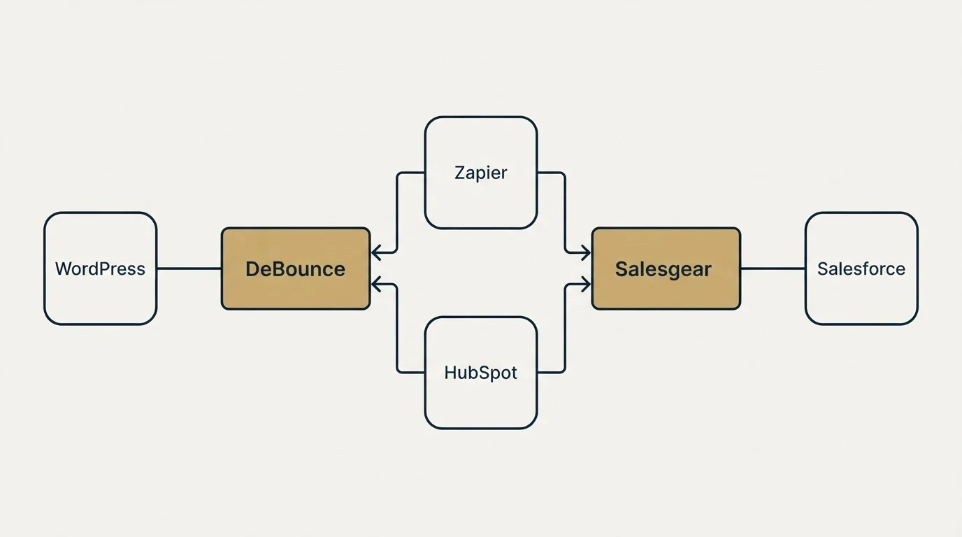 Integration flow: Integration Ecosystem (DeBounce, Salesgear, Zapier, HubSpot)