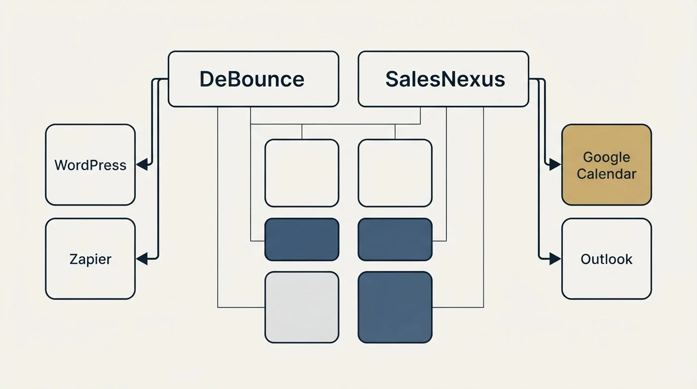 Integration grid: Integration Ecosystem (DeBounce, SalesNexus, WordPress, Google Calendar)