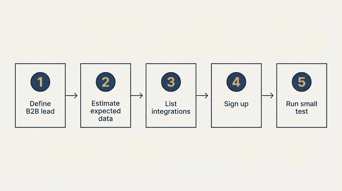 Step sequence: Getting Started Checklist (Define B2B lead, Estimate expected data, List integrations, Sign up)