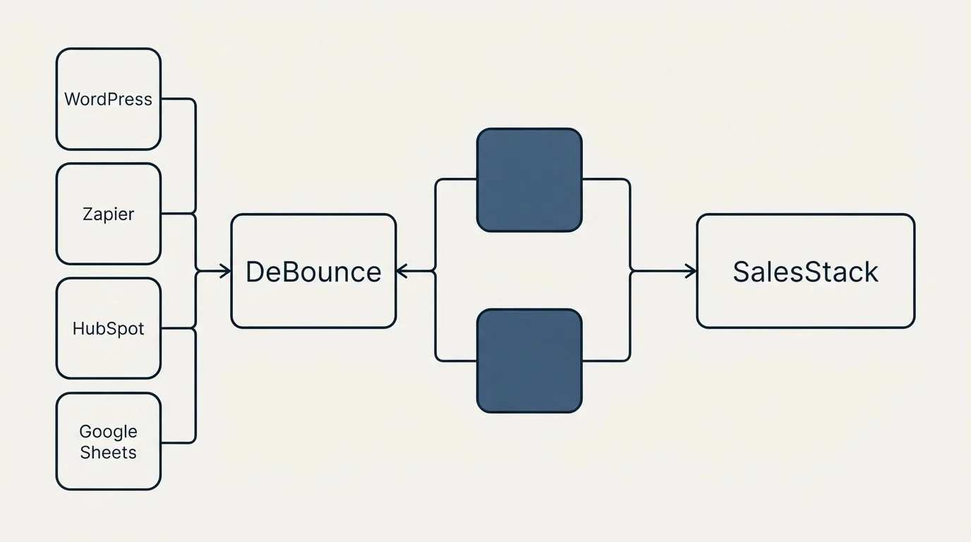 Integration flow: Integration Ecosystem (DeBounce, SalesStack, WordPress, Zapier)