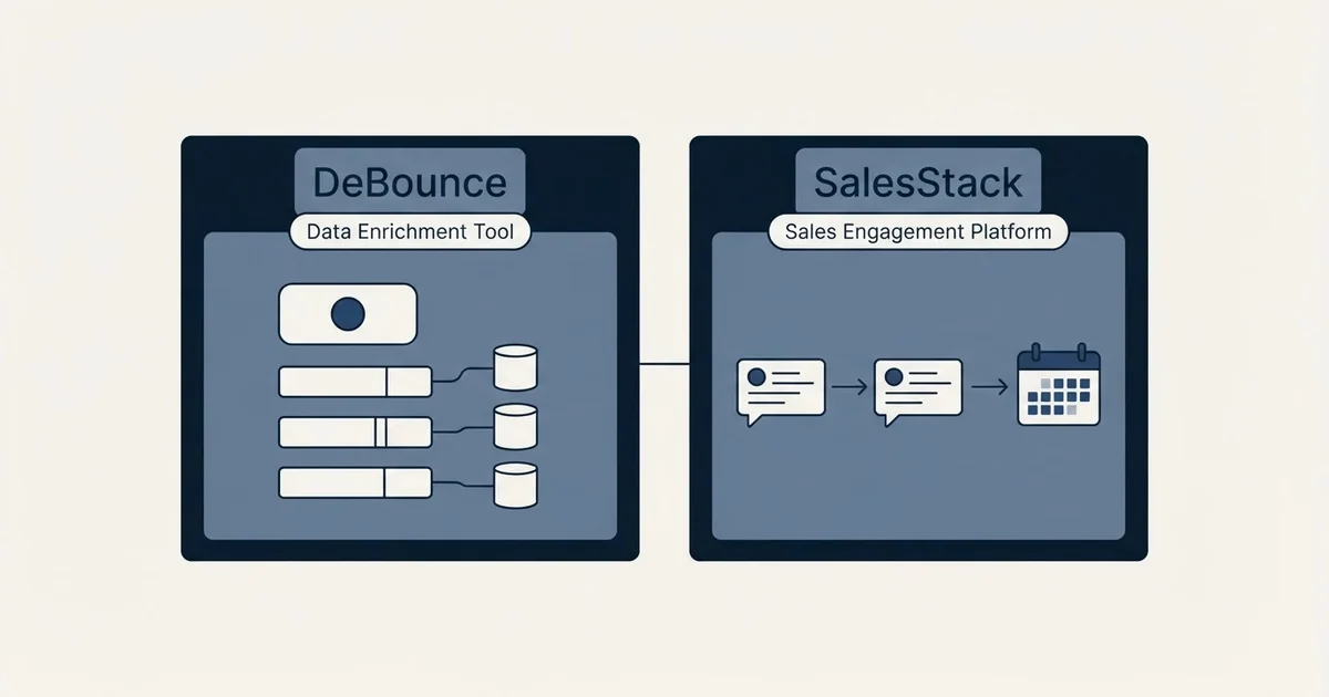 Side-by-side panels: DeBounce vs SalesStack (Data Enrichment Tool, Sales Engagement Platform)
