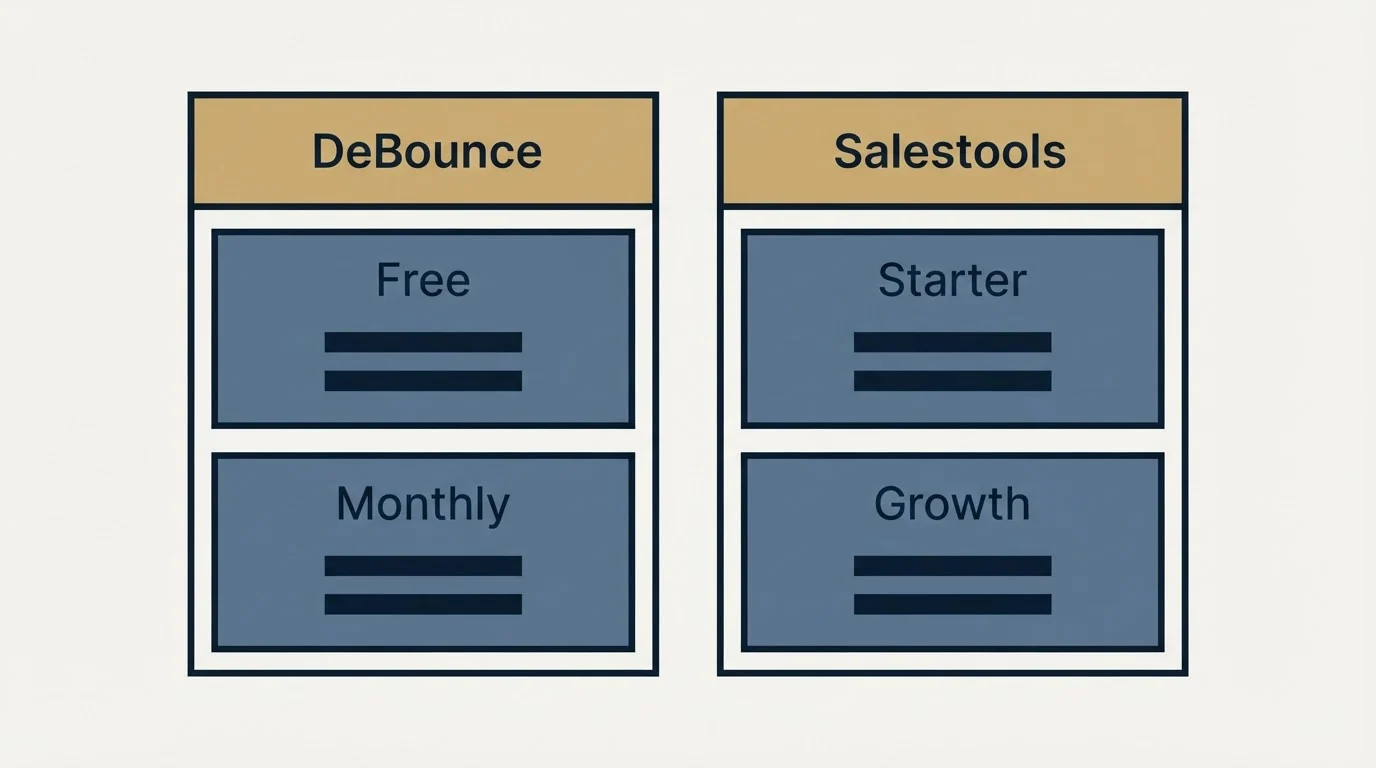 Pricing table: Pricing Comparison (DeBounce, Salestools, Free, Starter)
