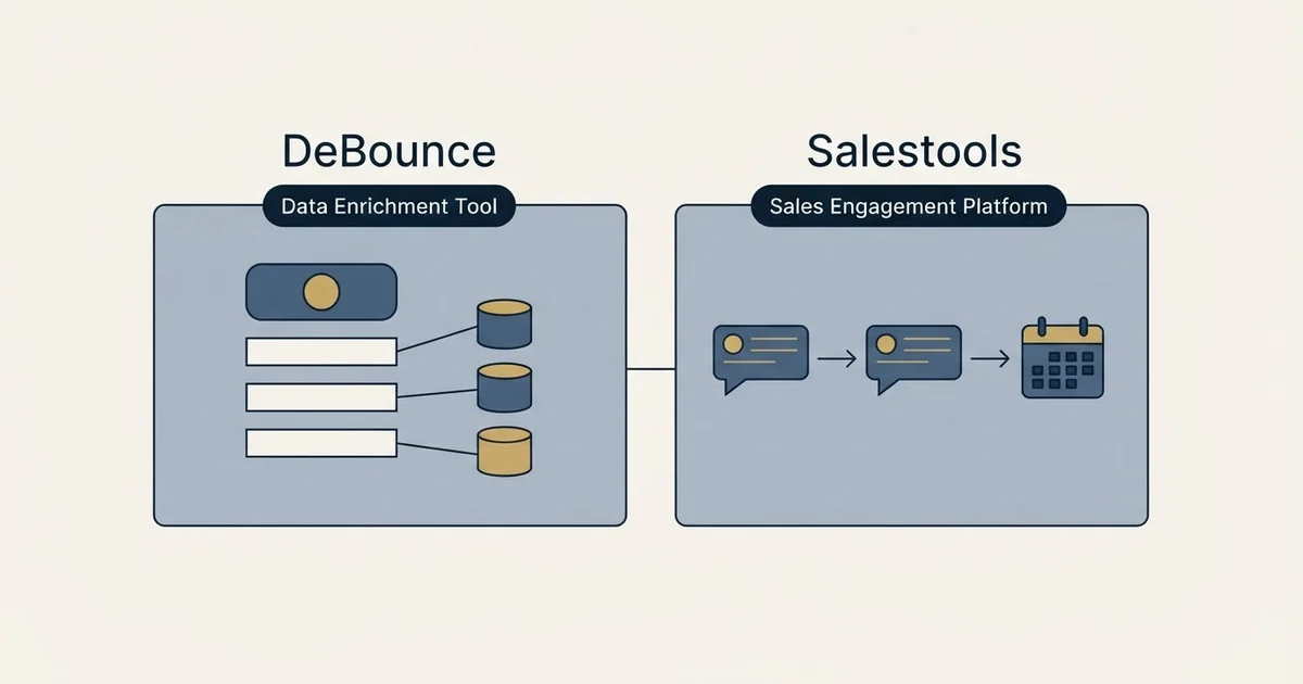 Side-by-side panels: DeBounce vs Salestools (Data Enrichment Tool, Sales Engagement Platform)