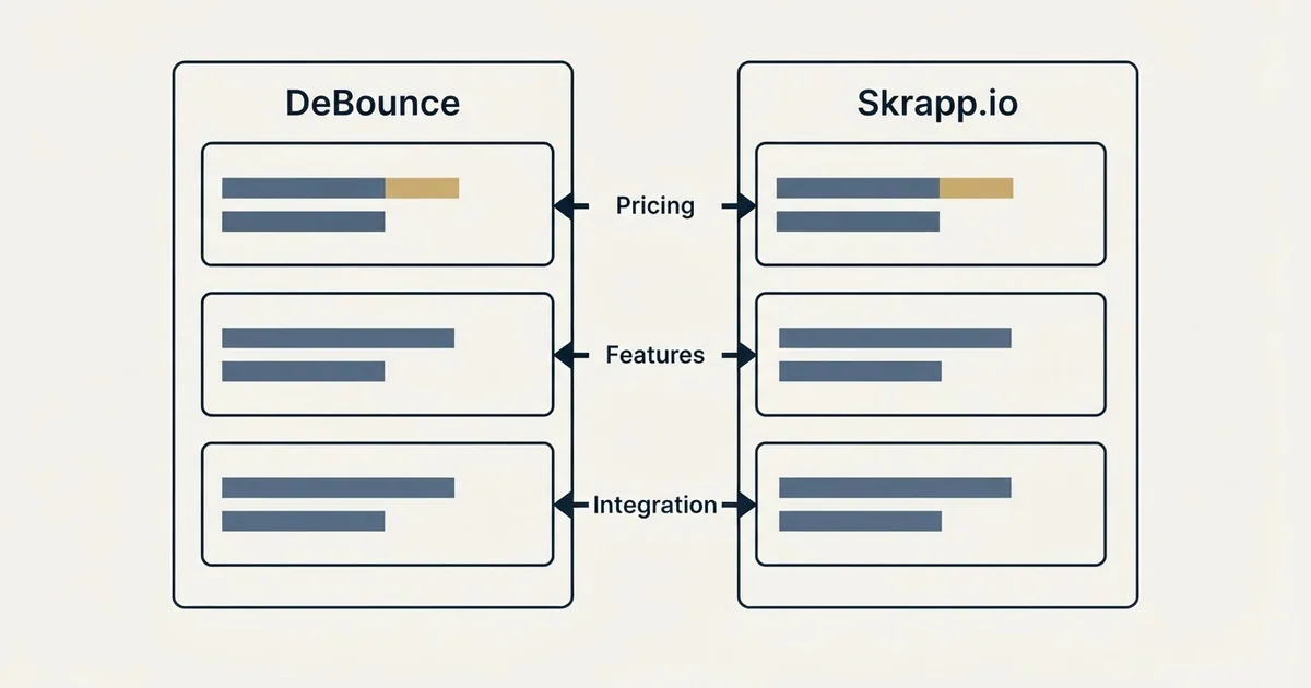 Comparison panel: DeBounce vs Skrapp.io (Pricing, Features, Integration)