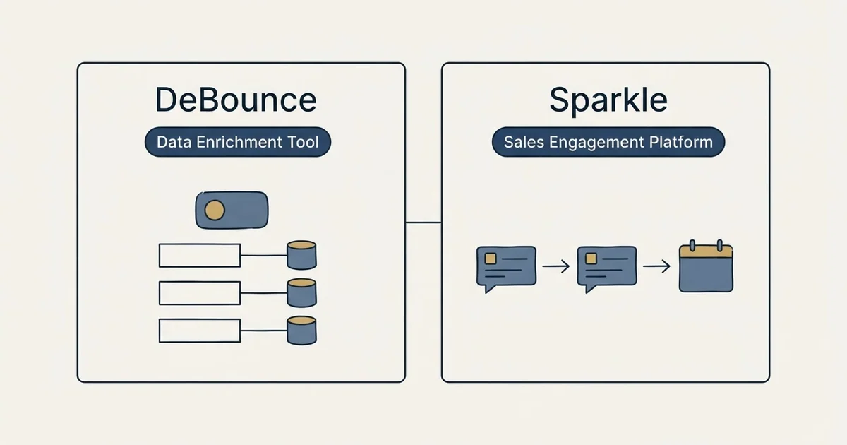 Side-by-side panels: DeBounce vs Sparkle (Data Enrichment Tool, Sales Engagement Platform)