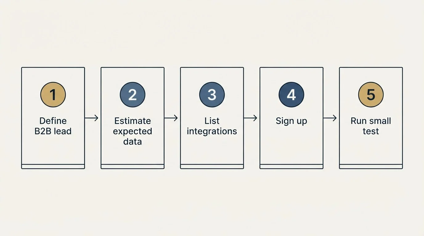 Step sequence: Getting Started Checklist (Define B2B lead, Estimate expected data, List integrations, Sign up)