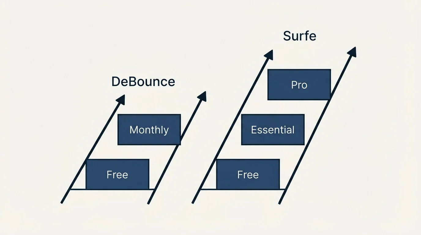 Pricing ladder: Pricing Comparison (DeBounce, Surfe, Free, Monthly)