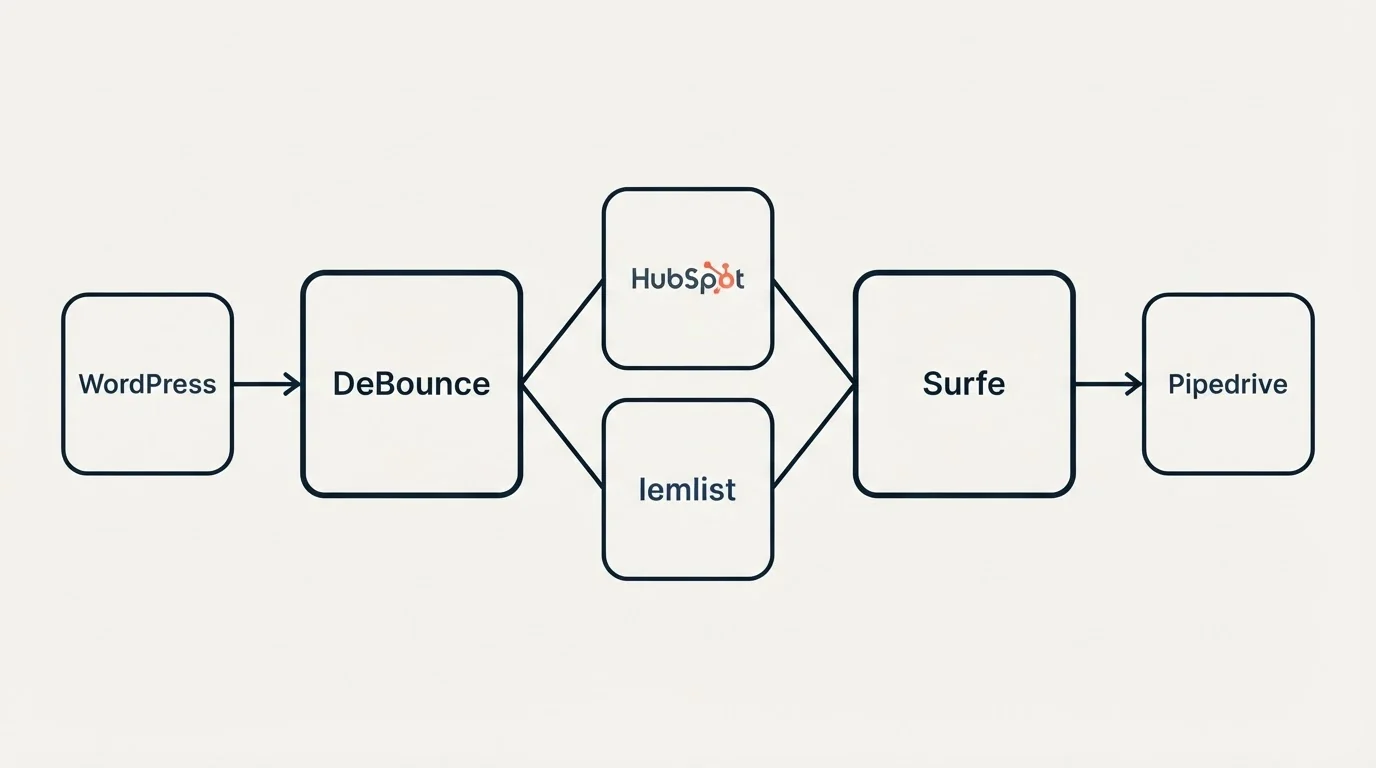Integration schematic: Integration Ecosystem (DeBounce, Surfe, HubSpot, lemlist)