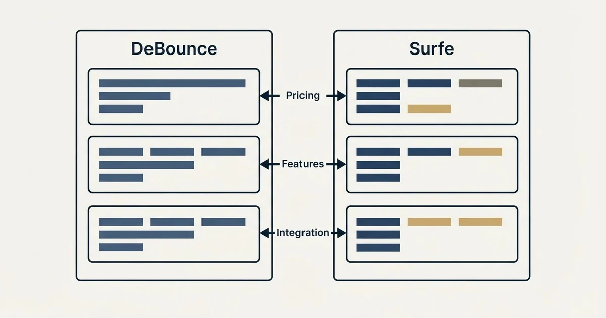 Comparison panel: DeBounce vs Surfe (Pricing, Features, Integration)