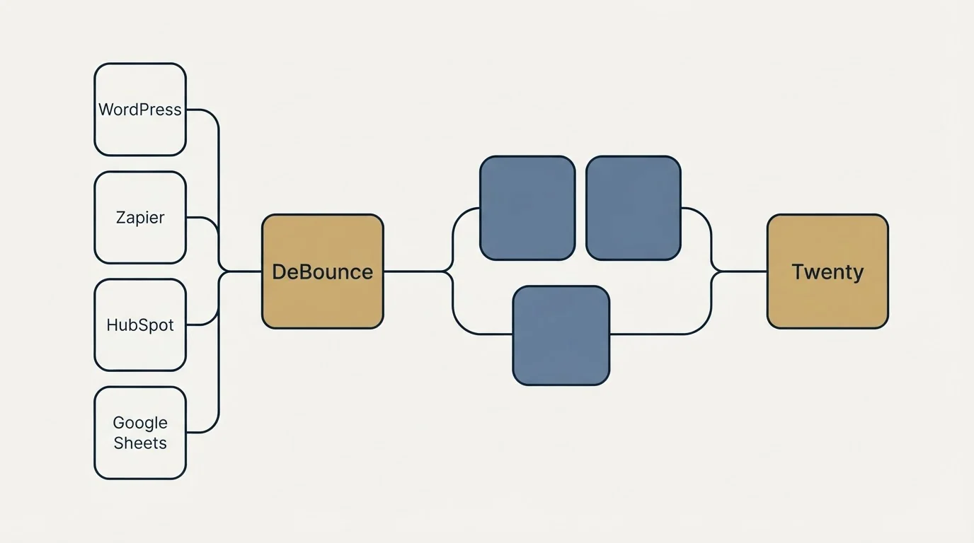 Integration schematic: Integration Ecosystem (DeBounce, Twenty, WordPress, Zapier)