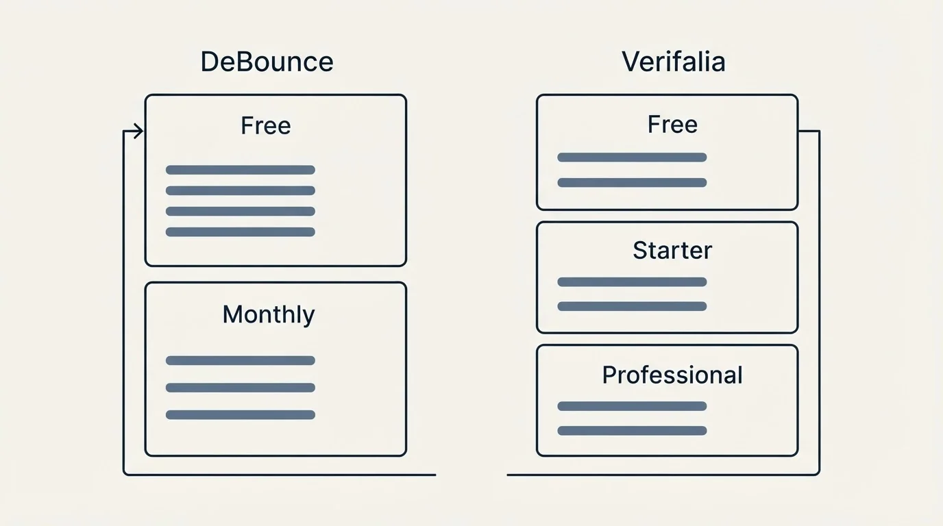 Pricing panels: Pricing Comparison (DeBounce, Verifalia, Free, Monthly)
