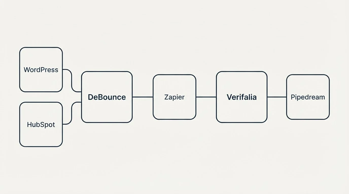 Integration schematic: Integration Ecosystem (DeBounce, Verifalia, Zapier, WordPress)