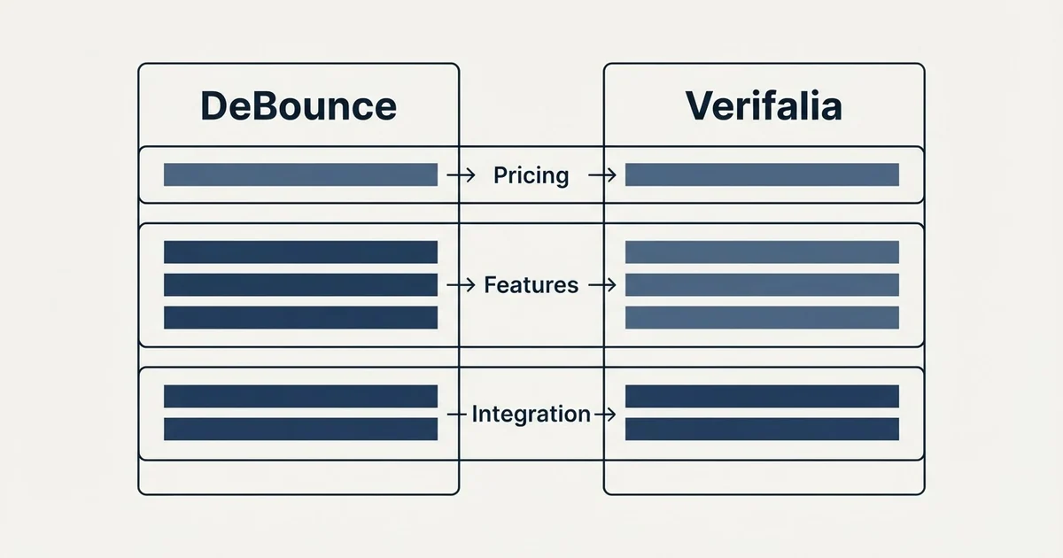 Comparison panel: DeBounce vs Verifalia (Pricing, Features, Integration)