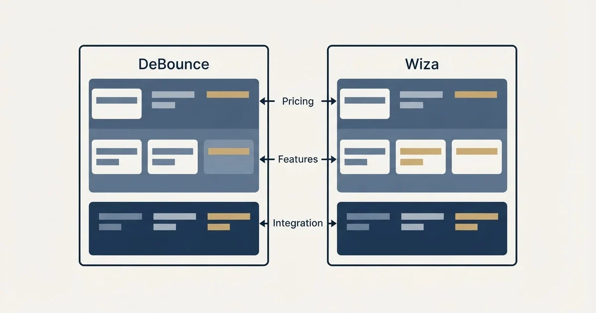 Comparison panel: DeBounce vs Wiza (Pricing, Features, Integration)
