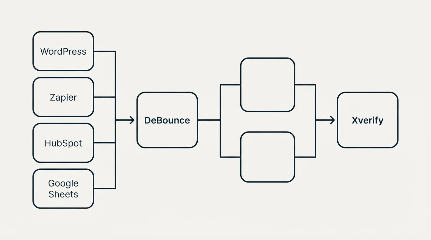 Integration flow: Integration Ecosystem (DeBounce, Xverify, WordPress, Zapier)