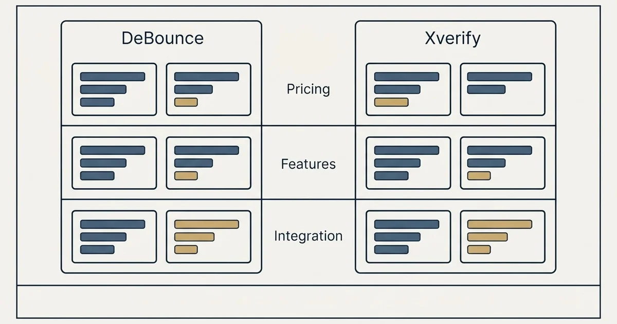 Comparison panel: DeBounce vs Xverify (Pricing, Features, Integration)