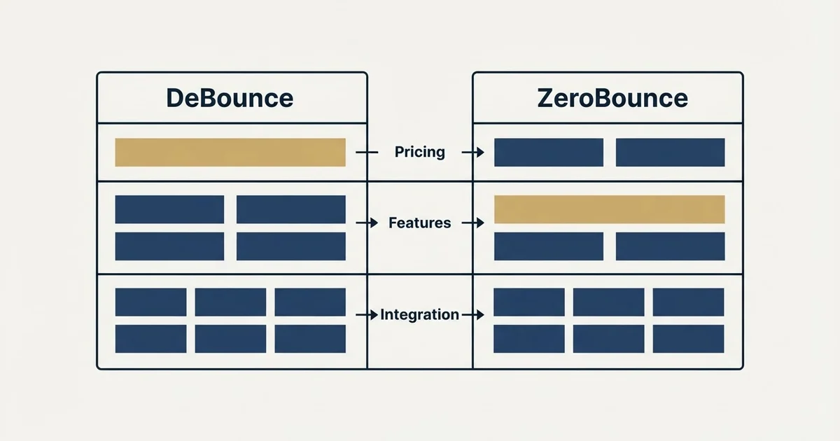 Comparison panel: DeBounce vs ZeroBounce (Pricing, Features, Integration)