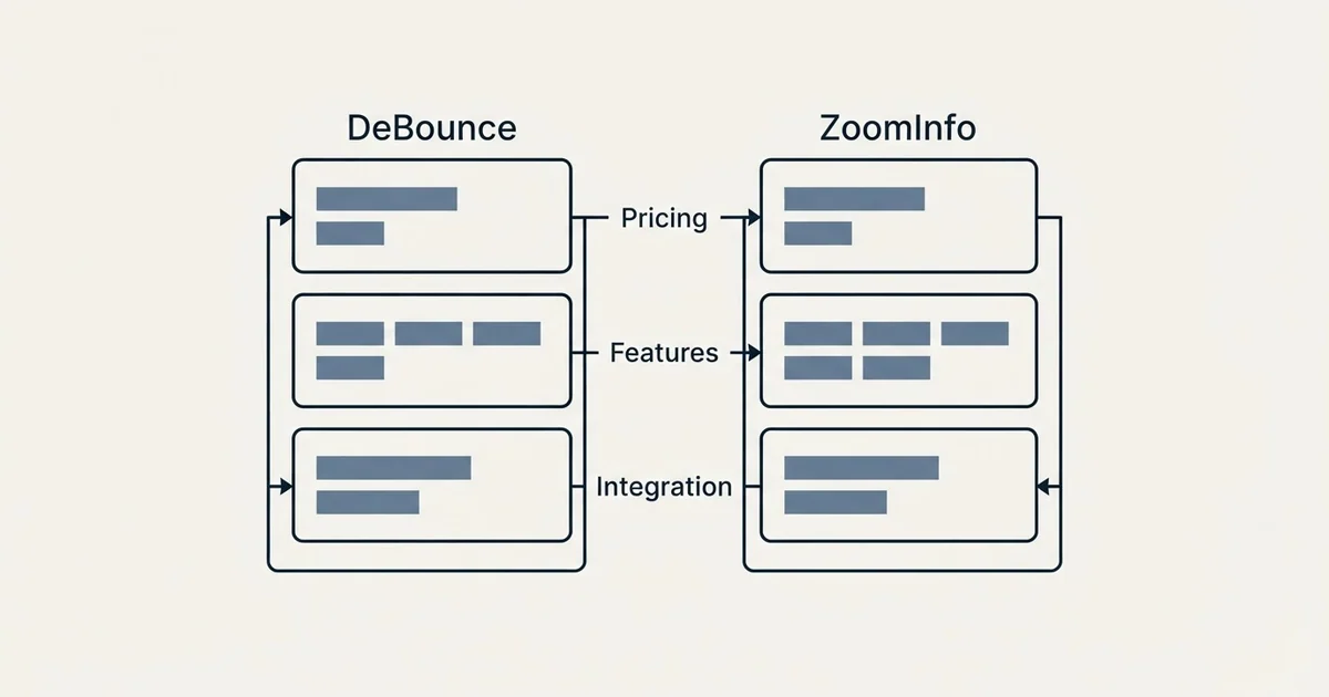 Comparison panel: DeBounce vs ZoomInfo (Pricing, Features, Integration)