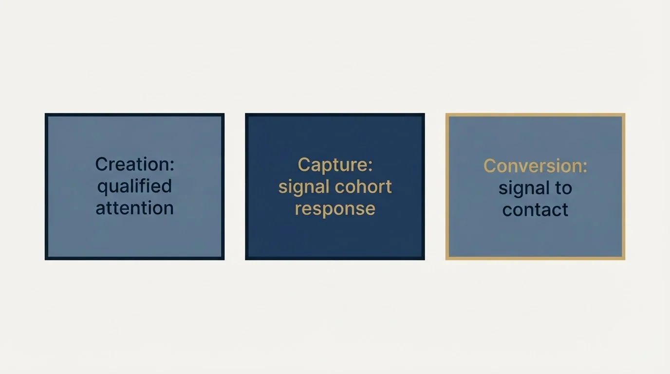 Schematic: Different states need different metrics (Creation: qualified attention, Capture: signal cohort response, Conversion: signal to contact)