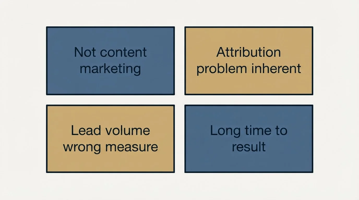 Schematic: Where the textbook definition misleads (Not content marketing, Attribution problem inherent, Lead volume wrong measure, Long time to result)