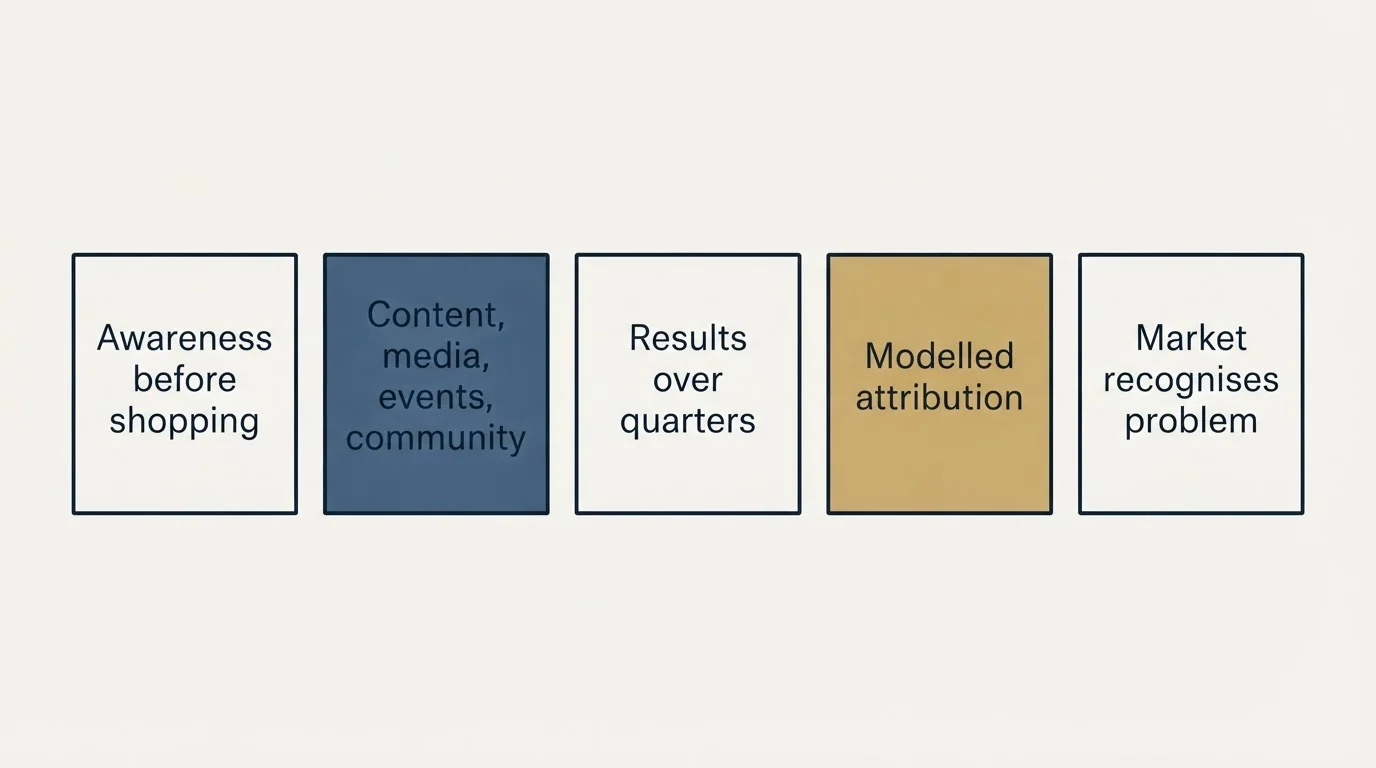 Schematic: The short version (Awareness before shopping, Content, media, events, community, Results over quarters, Modelled attribution)