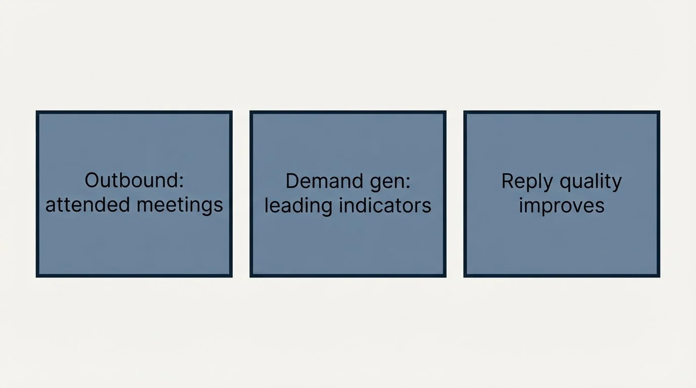 Schematic: Measuring each one honestly (Outbound: attended meetings, Demand gen: leading indicators, Reply quality improves)