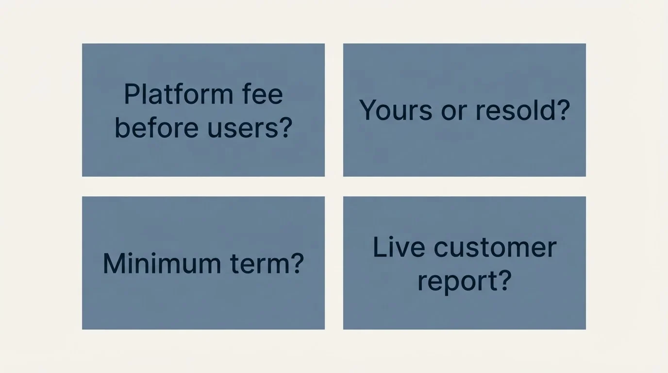 Schematic: What to ask on the call (Platform fee before users?, Yours or resold?, Minimum term?, Live customer report)
