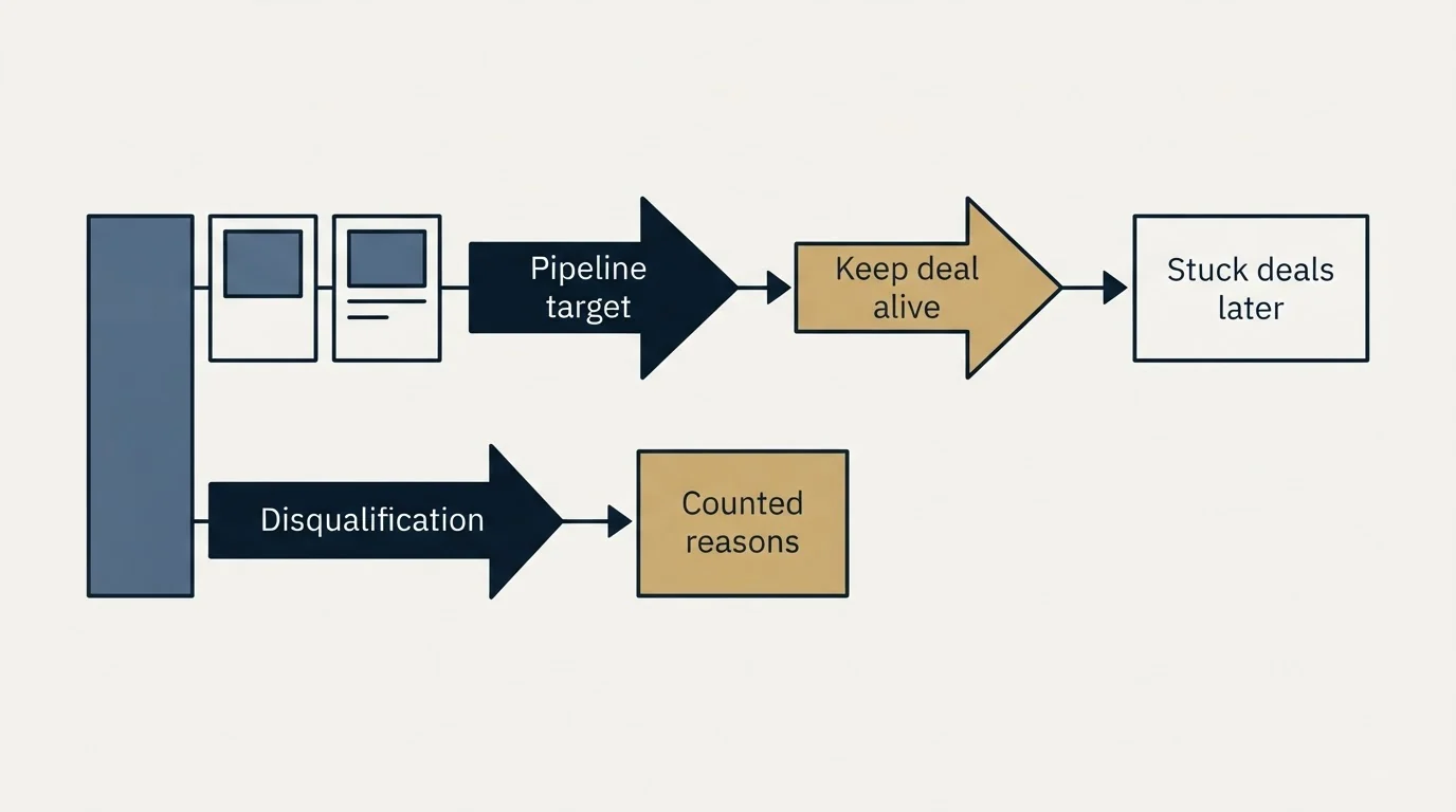 Schematic: Why it matters: the incentive points the wrong way (Pipeline target, Keep deal alive, Stuck deals later, Disqualification)