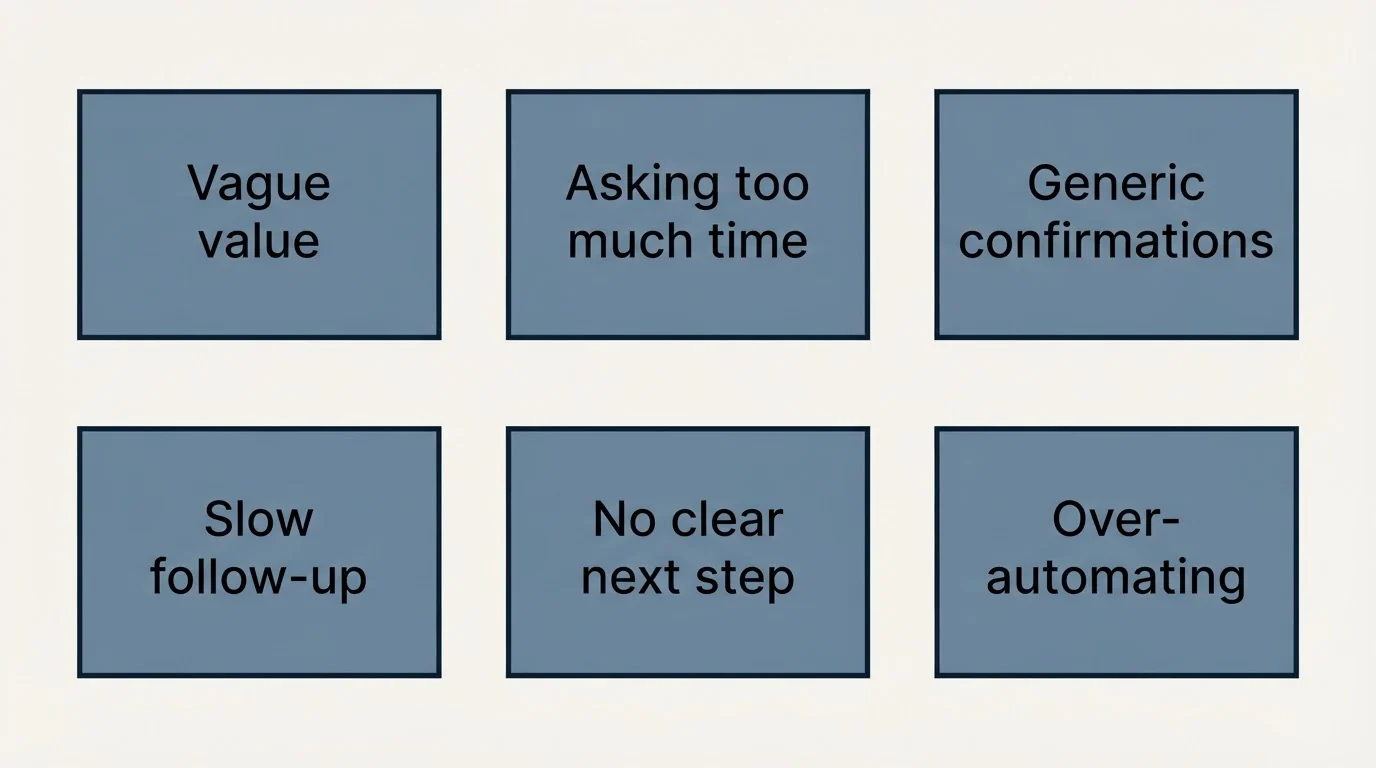 Schematic: Common Mistakes to Avoid (Vague value, Asking too much time, Generic confirmations, Slow follow-up)