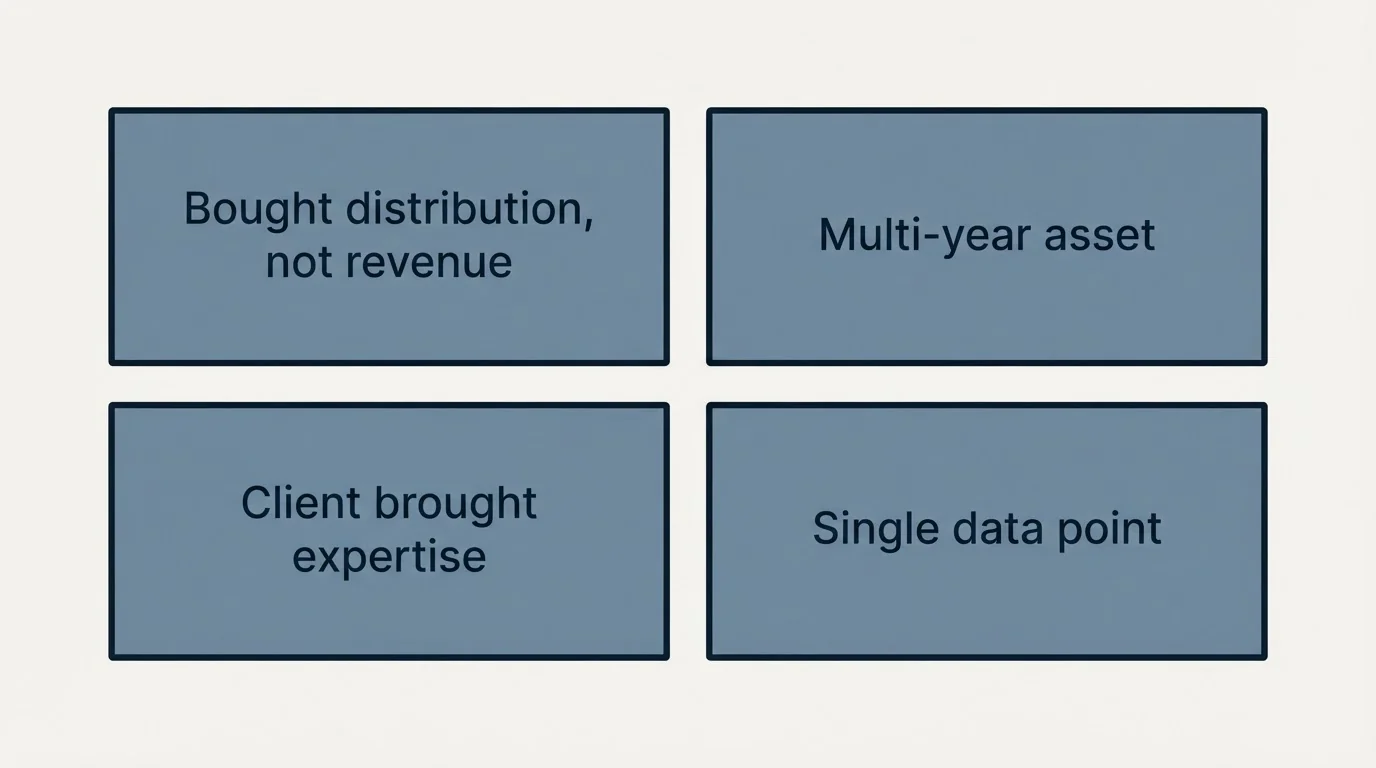 Schematic: What the numbers do not say (Bought distribution, not revenue, Multi-year asset, Client brought expertise, Single data point)