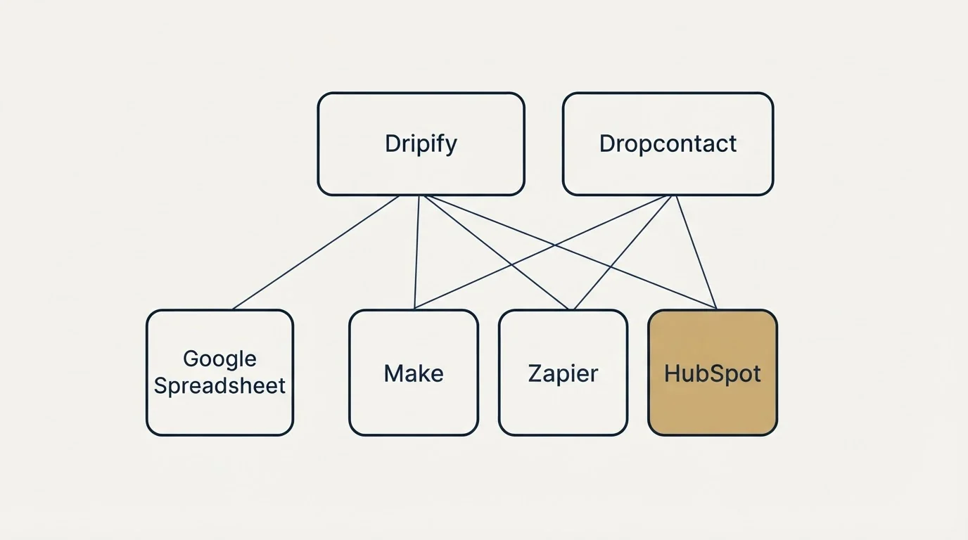 Integration grid: Integration Ecosystem (Dripify, Dropcontact, Make, Zapier)