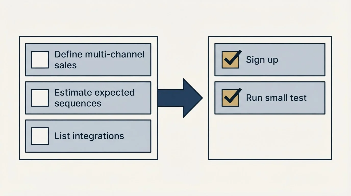 Before-and-after steps: Getting Started Checklist (Define multi-channel sales, Estimate expected sequences, List integrations, Sign up)