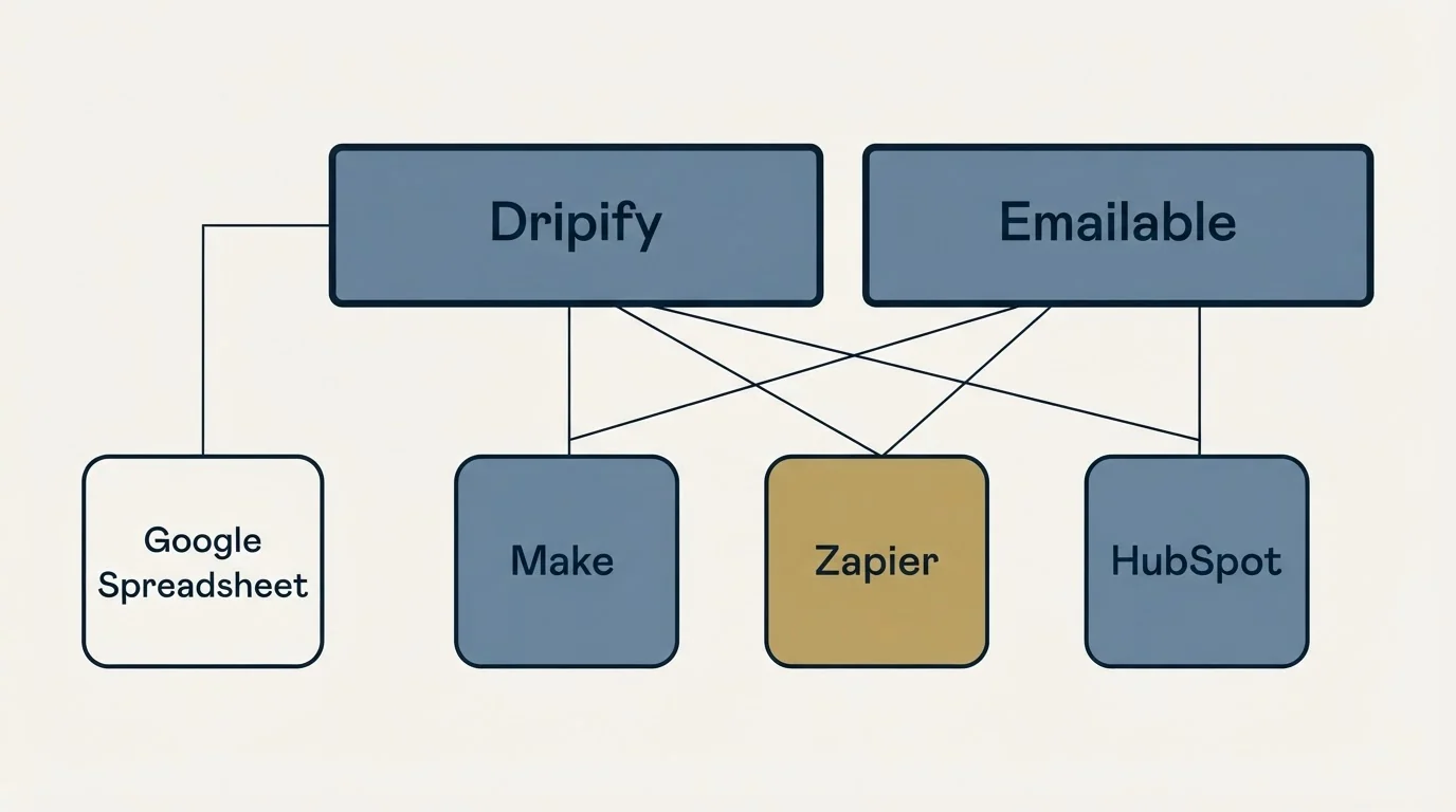 Integration grid: Integration Ecosystem (Dripify, Emailable, Make, Zapier)