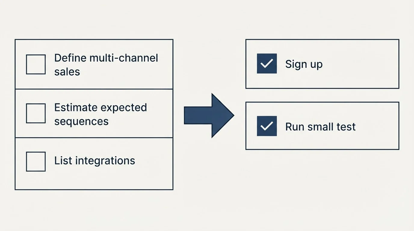 Before-and-after steps: Getting Started Checklist (Define multi-channel sales, Estimate expected sequences, List integrations, Sign up)