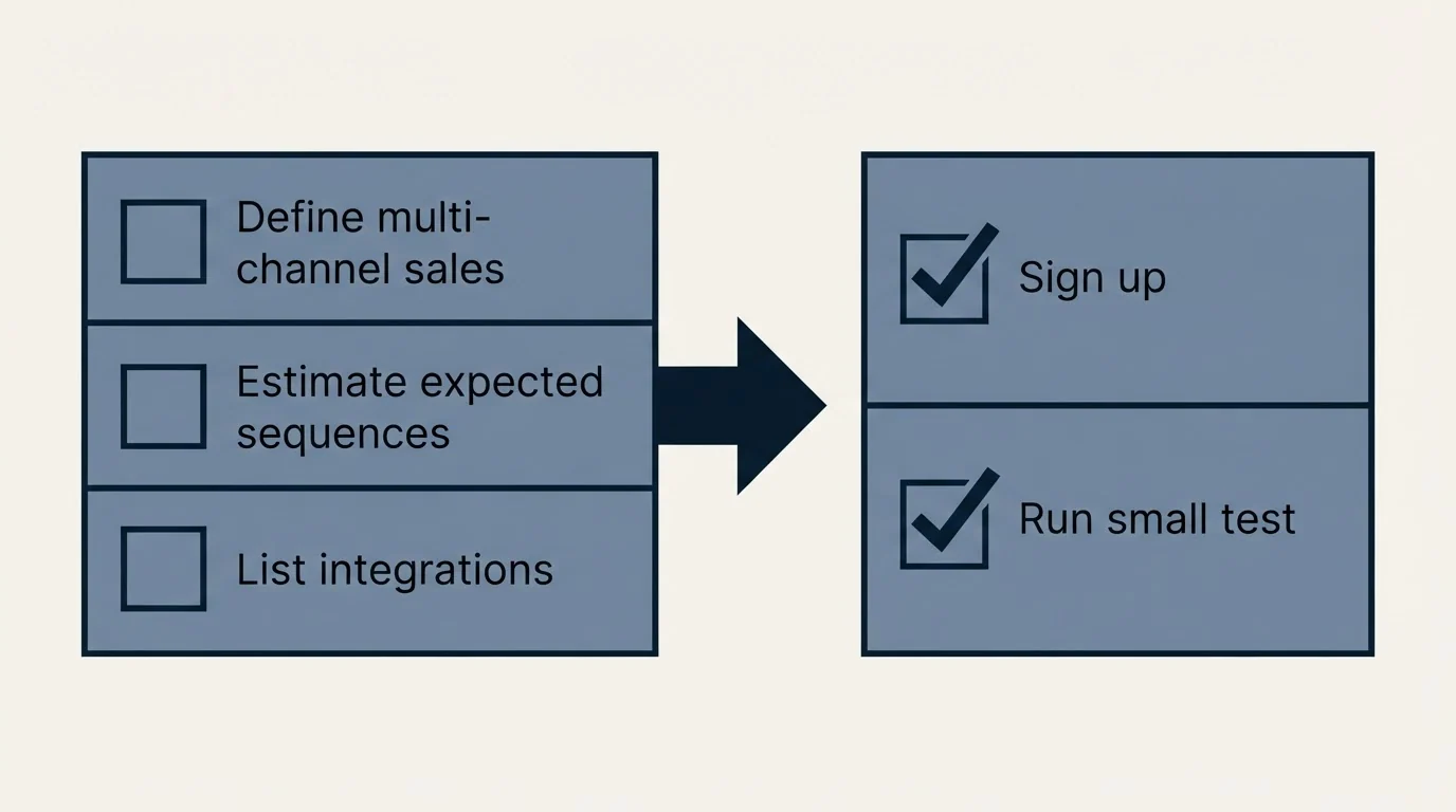 Before-and-after steps: Getting Started Checklist (Define multi-channel sales, Estimate expected sequences, List integrations, Sign up)