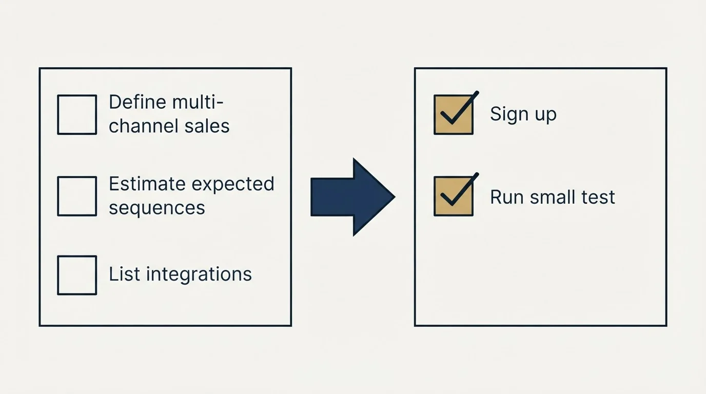 Before-and-after steps: Getting Started Checklist (Define multi-channel sales, Estimate expected sequences, List integrations, Sign up)