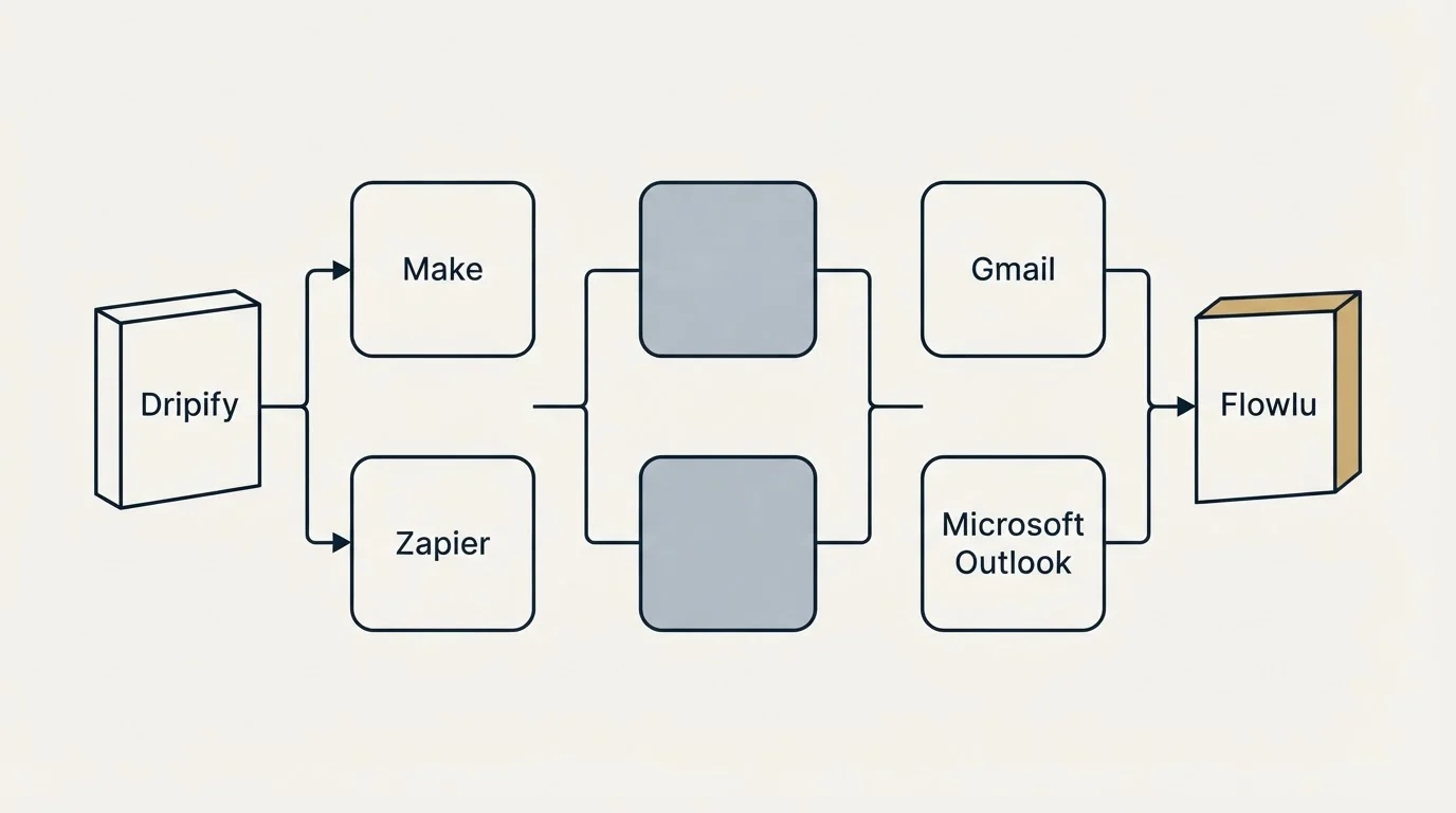 Integration flow: Integration Ecosystem (Dripify, Flowlu, Make, Gmail)