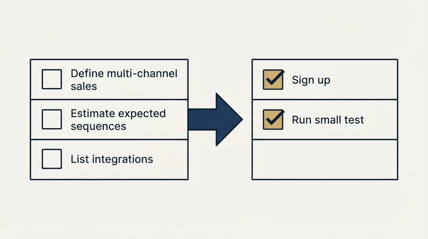 Before-and-after steps: Getting Started Checklist (Define multi-channel sales, Estimate expected sequences, List integrations, Sign up)