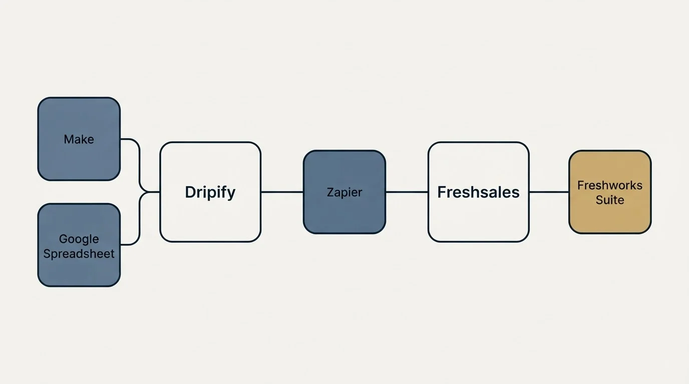 Integration schematic: Integration Ecosystem (Dripify, Freshsales, Zapier, Make)