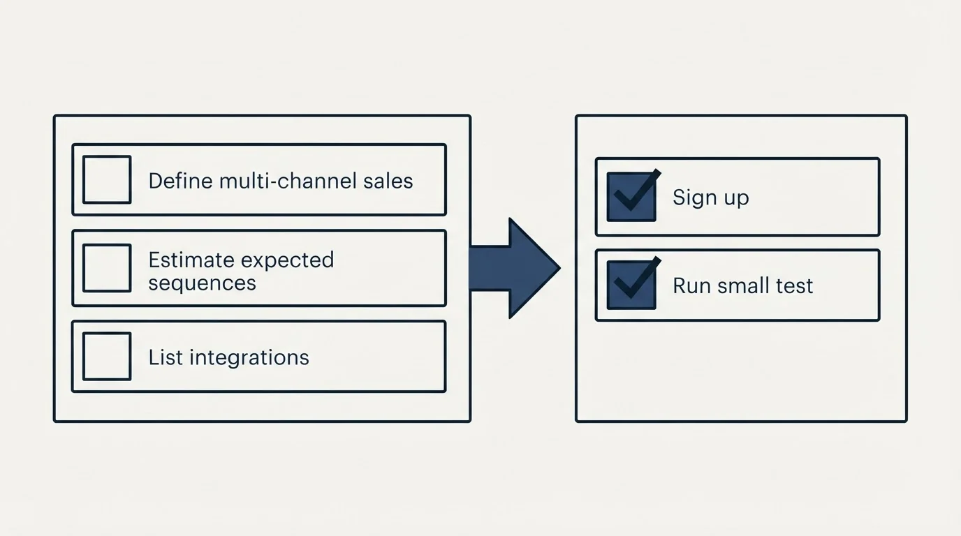 Before-and-after steps: Getting Started Checklist (Define multi-channel sales, Estimate expected sequences, List integrations, Sign up)