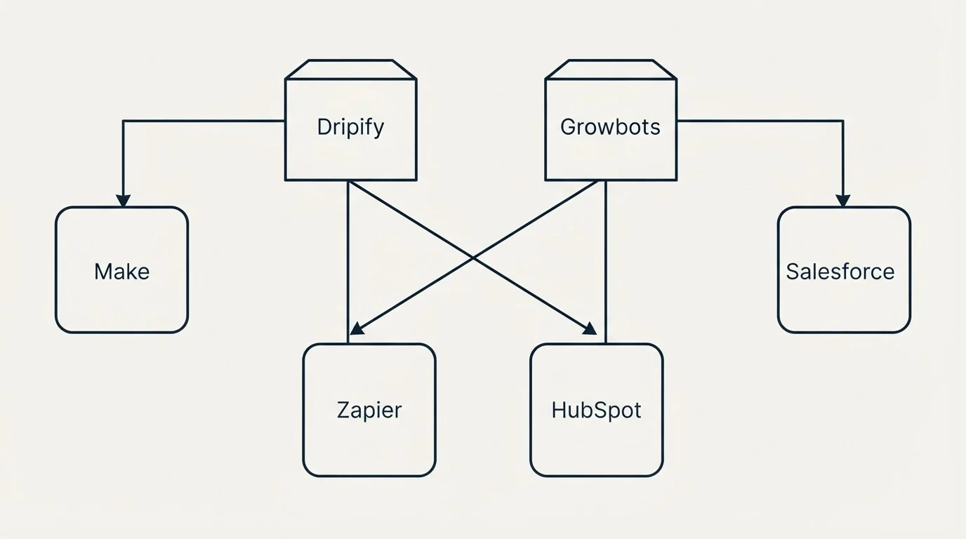 Integration grid: Integration Ecosystem (Dripify, Growbots, Zapier, HubSpot)