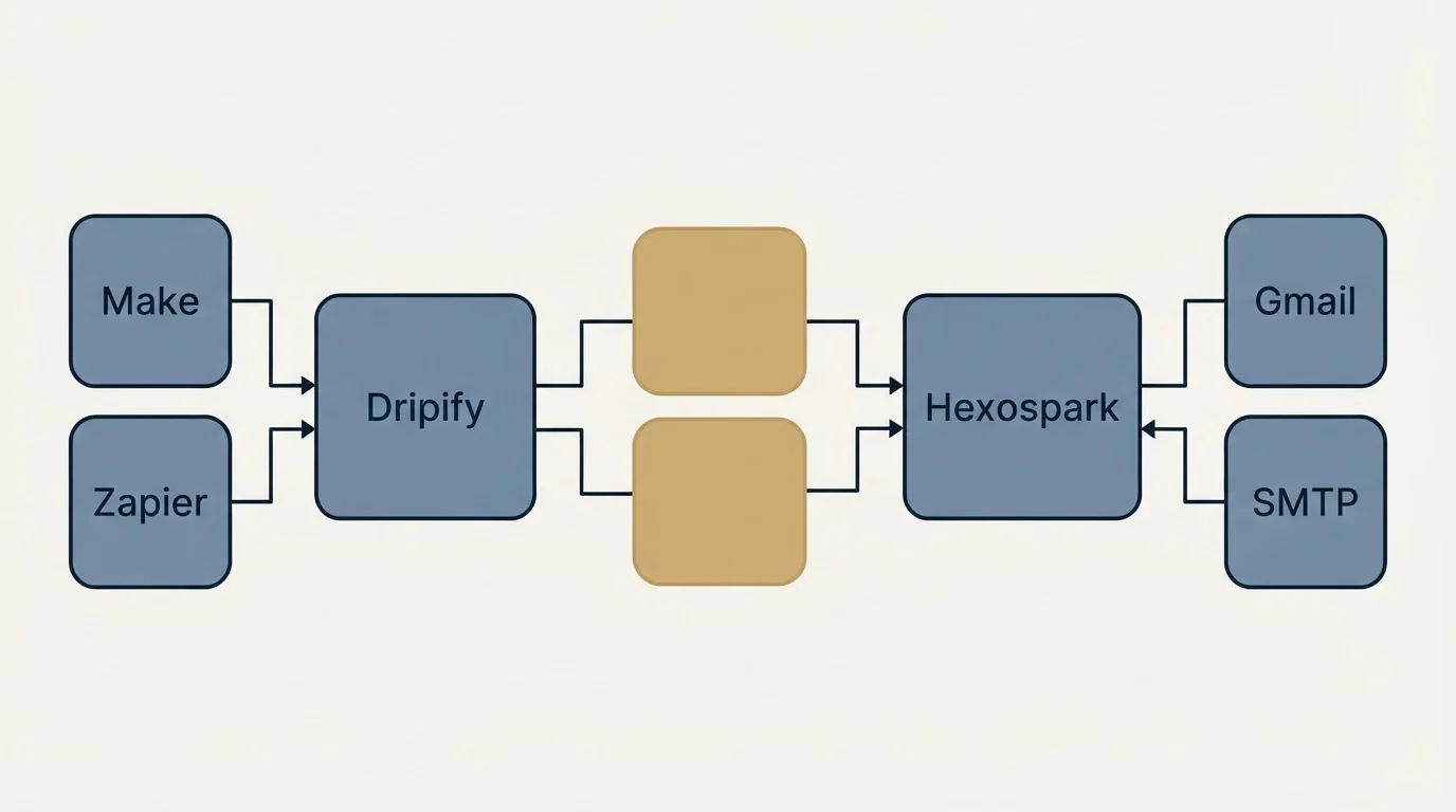 Integration schematic: Integration Ecosystem (Dripify, Hexospark, Make, Gmail)