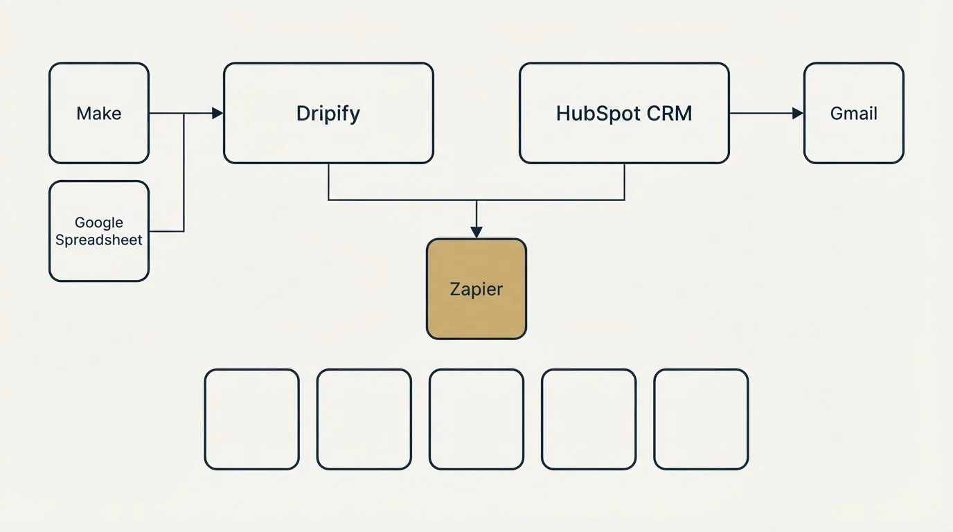Integration grid: Integration Ecosystem (Dripify, HubSpot CRM, Zapier, Make)