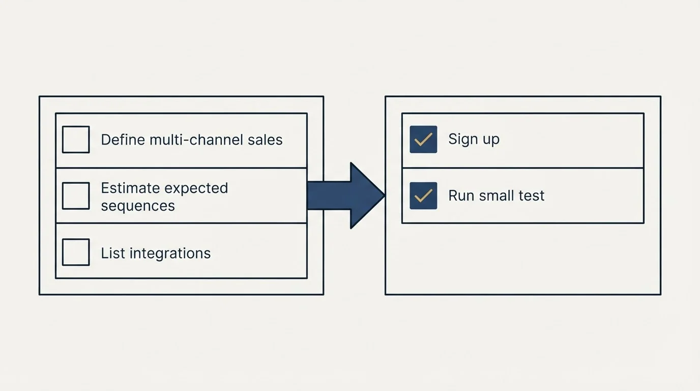 Before-and-after steps: Getting Started Checklist (Define multi-channel sales, Estimate expected sequences, List integrations, Sign up)