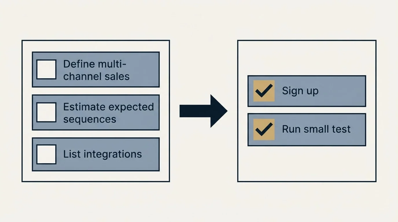 Before-and-after steps: Getting Started Checklist (Define multi-channel sales, Estimate expected sequences, List integrations, Sign up)
