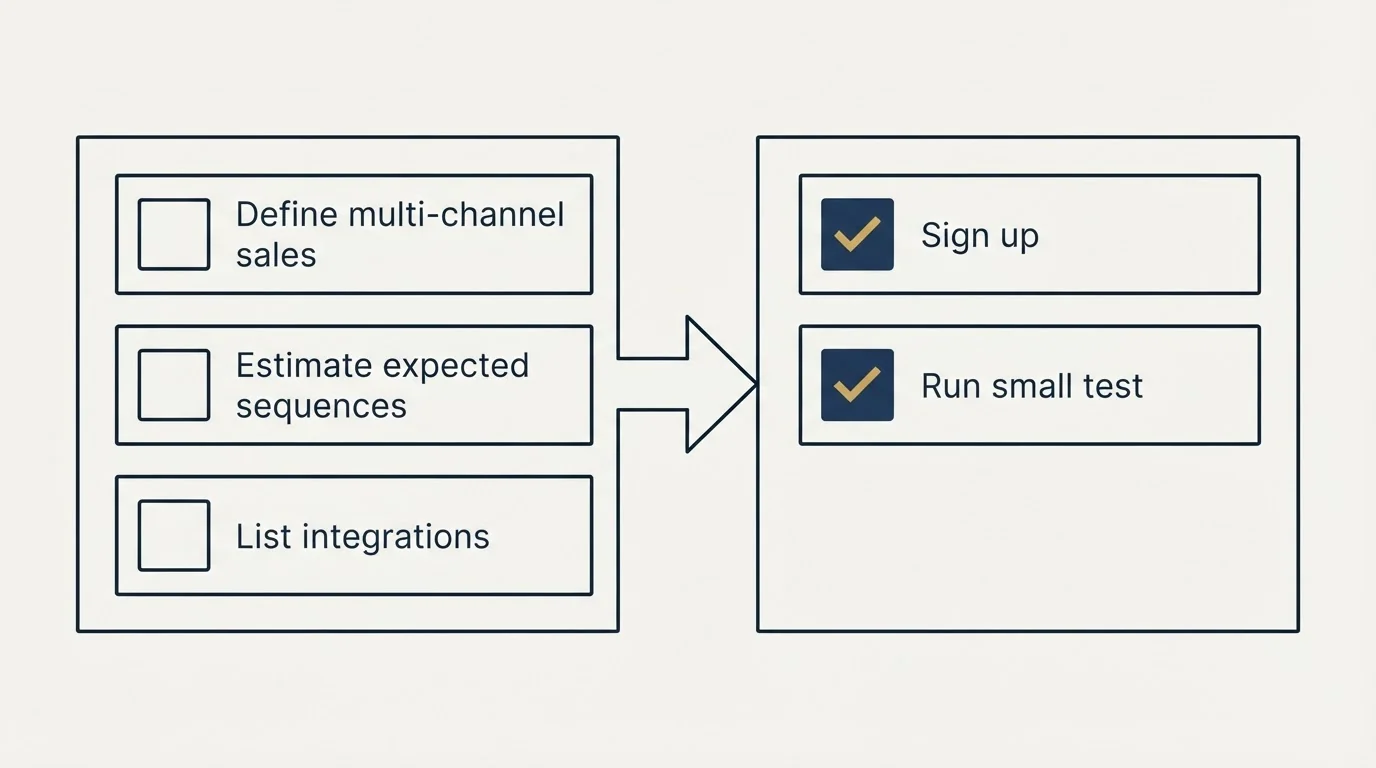 Before-and-after steps: Getting Started Checklist (Define multi-channel sales, Estimate expected sequences, List integrations, Sign up)