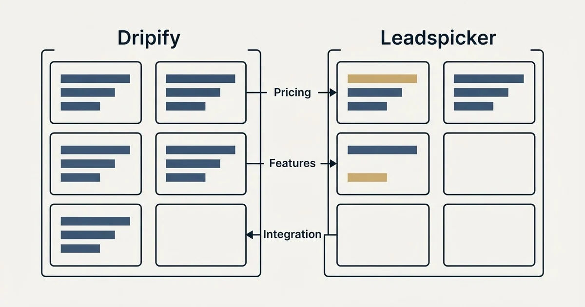 Comparison panel: Dripify vs Leadspicker (Pricing, Features, Integration)